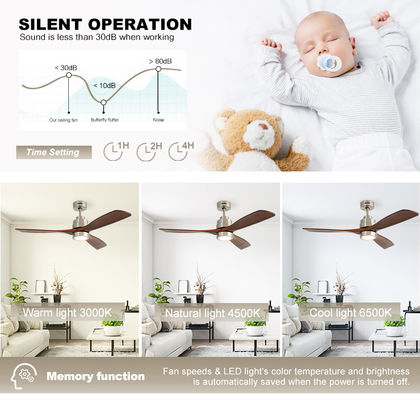 LED Ceiling Fan Metal Body Solid Wood Blades OEM Color Dimmable LED Lighting Ceiling Fan